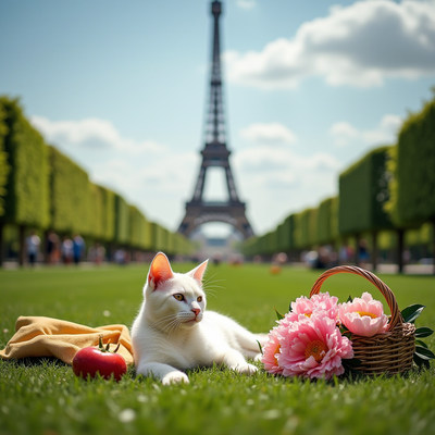 White cat with Eiffel Tower picnic