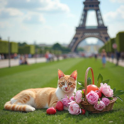 Orange cat with basket Eiffel Tower