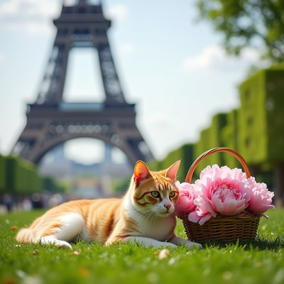 Orange cat with pink peonies Eiffel Tower