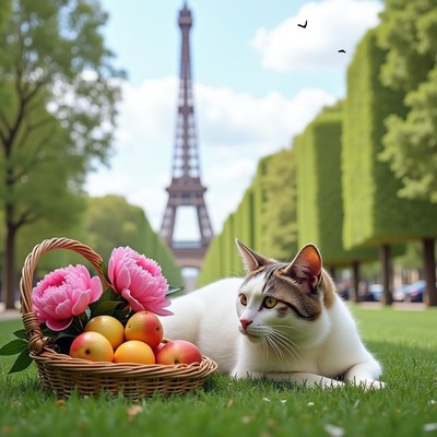 Cat with flowers and apples Eiffel Tower