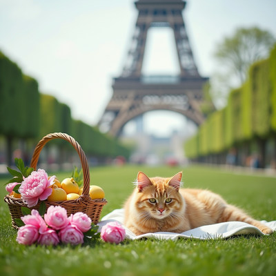 Orange Cat with Basket Eiffel Tower