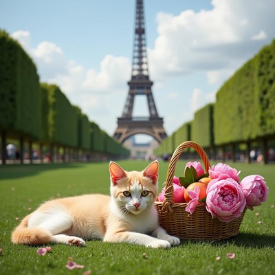Orange cat with basket Eiffel Tower