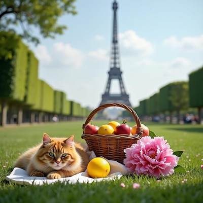 Orange Cat with Eiffel Tower Basket