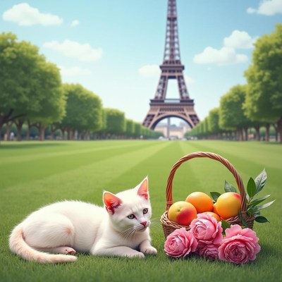 White kitten with basket Eiffel Tower