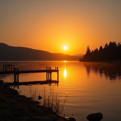 Sunset over lake with wooden pier