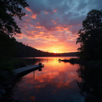 Sunset over lake with dock