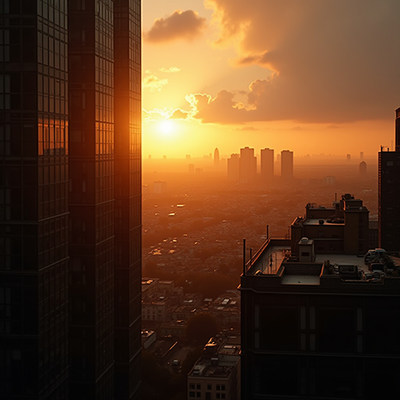 Sunset over city skyline