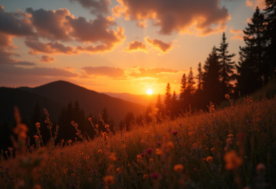 Sunset over Mountain Forest with Flowers