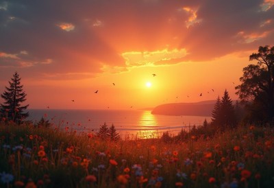 Sunset over ocean with wildflowers