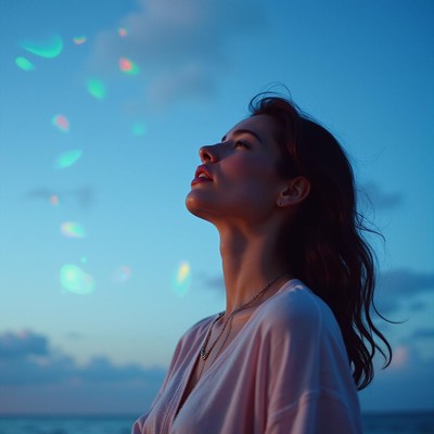 Woman looking up at colorful bubbles