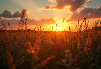 Sunset over golden grass field