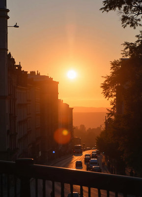 Sunset over urban street with cars