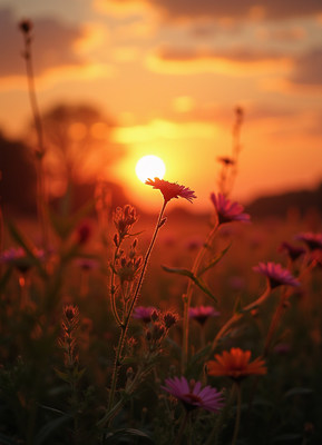 Sunset over Daisy Flower Field
