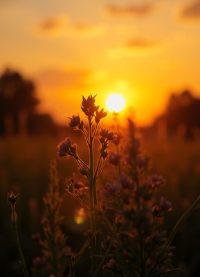 Purple Flowers Silhouetted Against Sunset