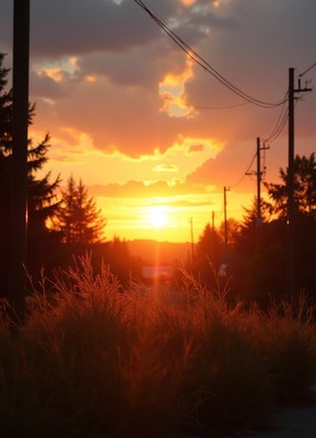 Sunset over trees and power lines