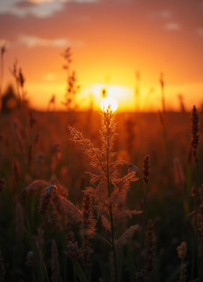 Sunset over tall grass field