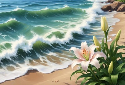 White Lily on Beach with Waves