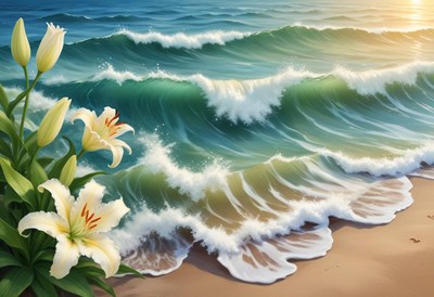 Lilies on beach with ocean waves