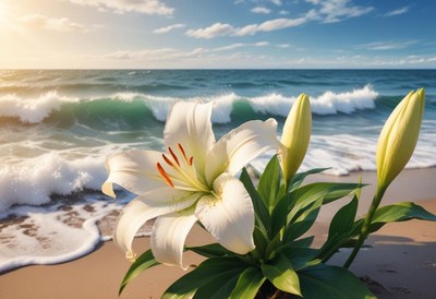 White Lilies on Beach with Ocean Waves
