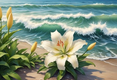White Lily Flowers on Beach with Ocean Waves