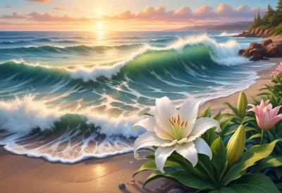 White Lilies on Beach at Sunset