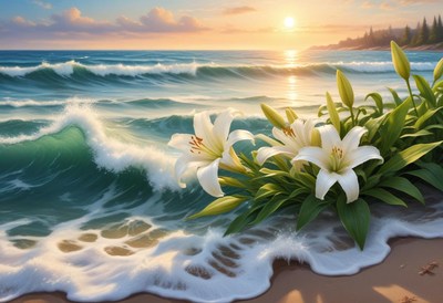 White Lilies on Beach at Sunset