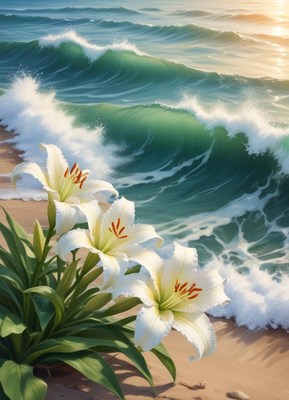 White Lilies on Beach with Waves