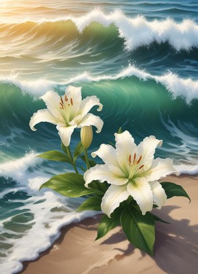White Lilies on Beach with Waves