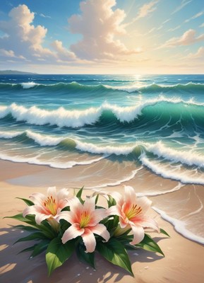 Pink Lilies on Beach at Sunset