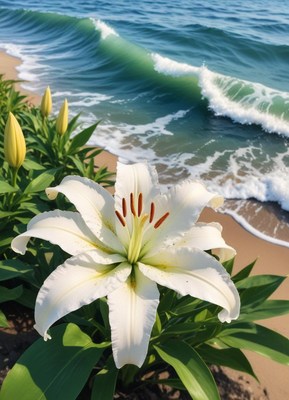White Lily Flower on Beach with Ocean Waves