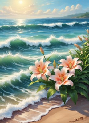 Pink Lilies by Ocean Waves at Sunset