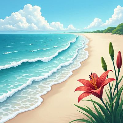 Red Lily on Beach with Ocean Waves