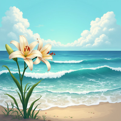 White Lilies on Beach with Ocean