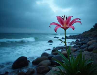 Pink Lily on Rocky Beach
