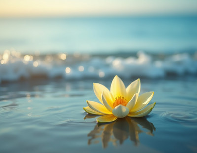 Yellow lotus flower on ocean water