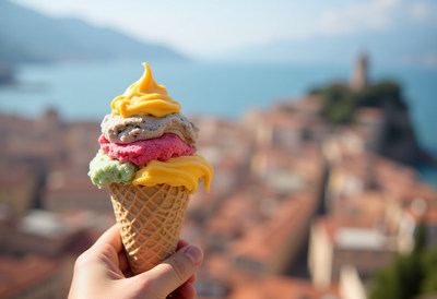 Colorful Ice Cream Cone Over Coastal City