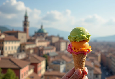 Colorful Gelato Cone Over Italian Cityscape