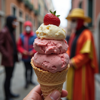 Strawberry Ice Cream Cone with Masked People