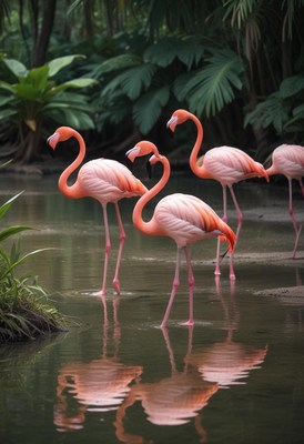 Flamingos Standing in Tropical Pond