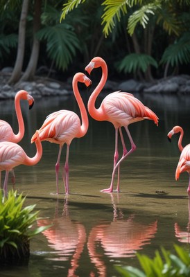 Flamingos Standing in Tropical Pond