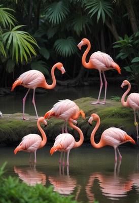 Flamingos standing in tropical pond