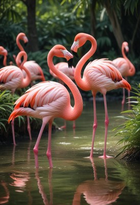 Pair of Flamingos Embracing in Pond