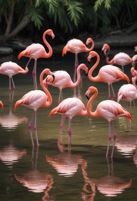 Flock of pink flamingos in water