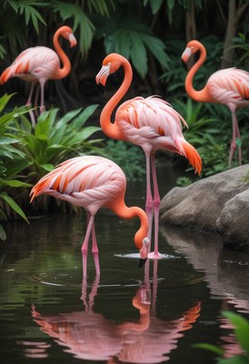 Flamingos Standing in Tropical Pond