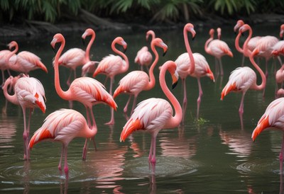 Flock of pink flamingos in water