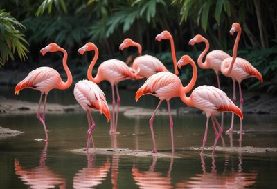 Group of pink flamingos in shallow water