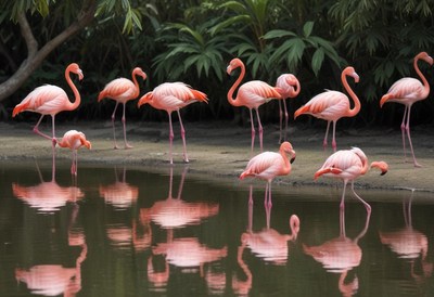 Flock of pink flamingos by water