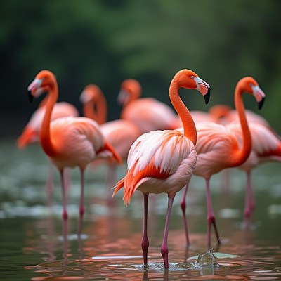 Flock of pink flamingos in water