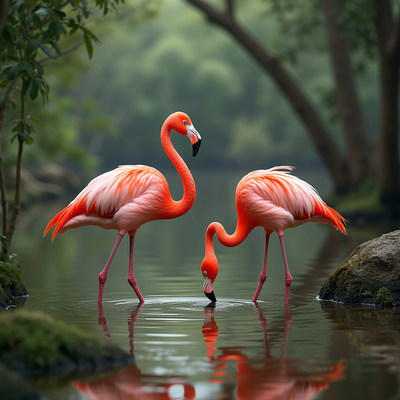 Two pink flamingos kissing in water