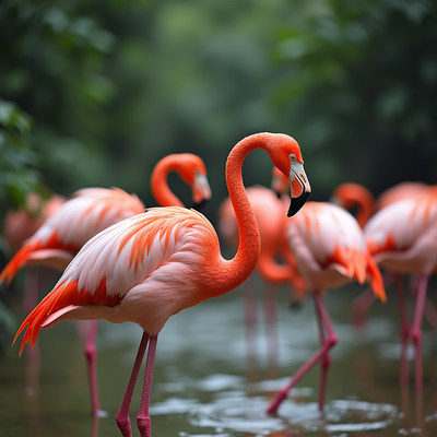 Flock of pink flamingos in water